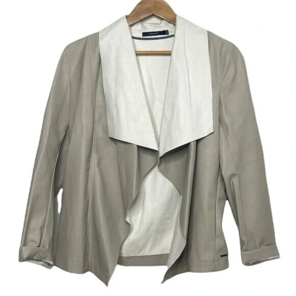 Tahari Open Front Jacket Womens Gray Stone Faux Leather Long Sleeve Pockets Sz M - Picture 1 of 12